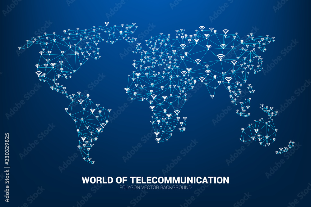 Poster Vector Polygon line connect mobile data and wi-fi icon signage shape the world map. Concept for world telecommunication.
