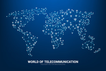 Vector Polygon line connect mobile data and wi-fi icon signage shape the world map. Concept for world telecommunication.