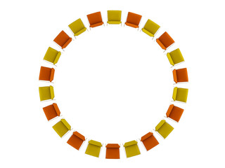 Colored chairs stand in a circle on a white background 3d rendering