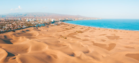 Aerial view of the Maspalomas dunes on the Gran Canaria island. Panoramic view. 