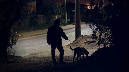 paseando al perro por la noche