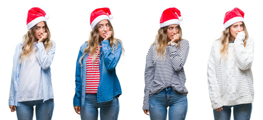 Young beautiful young woman wearing christmas hat over white isolated background looking stressed and nervous with hands on mouth biting nails. Anxiety problem.