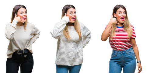 Fototapeta premium Collage of young beautiful woman over isolated background smiling doing phone gesture with hand and fingers like talking on the telephone. Communicating concepts.