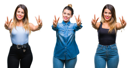 Collage of young beautiful woman over isolated background smiling looking to the camera showing fingers doing victory sign. Number two.