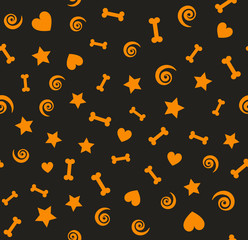 Orange pattern with bones, spirals, stars, hearts. Seamless vect