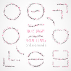 Vector set of floral hand drawn frames and decorative elements.