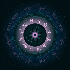 Illustration with Horoscope circle, Zodiac symbols and astrology constellations on the starry night sky background with geometry pattern. Pink and turquoise elements. Vector.