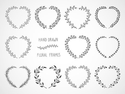 Vector set of floral hand drawn frames in the shape of a heart. 