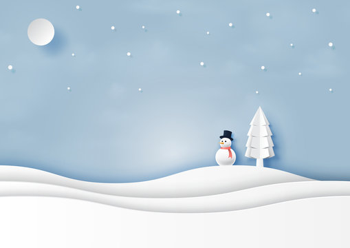 Snow and winter season with snowman and christmas tree for merry christmas and happy new year paper art style.Vector illustration.