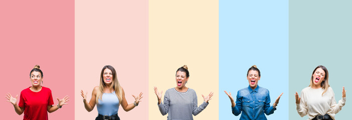 Collage of young beautiful woman over colorful vintage stripes isolated background crazy and mad shouting and yelling with aggressive expression and arms raised. Frustration concept.