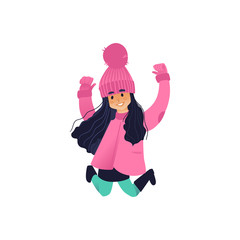 Vector illustration of little girl in winter isolated on white background - playful and smiling female kid jumping and having fun. Cartoon child in warm jacket and hat playing outdoors.