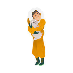 Vector teen boy kid holding cute grey puppy dog. Male character in cozy warm outdoor cloth express love, care to his pet smiling. Happy hugs concept. Isolated illustration