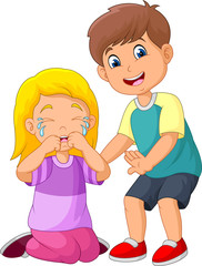 Cartoon little boy comforting a crying girl