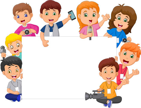 Cartoon happy kids in different professions with blank sign