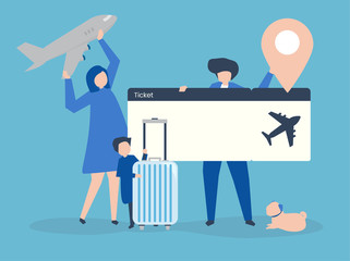 Characters of people holding travel icons illustration