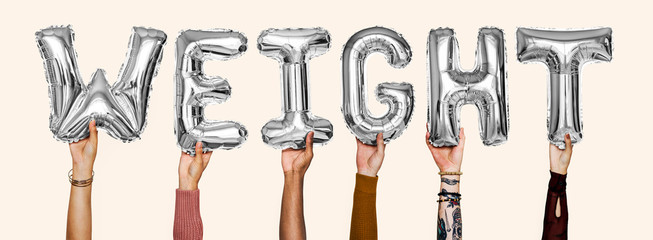 Hands showing weight balloons word
