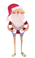 Watercolor illustration of Santa on vacation at the sea with the lifebuoy in swimming trunks and slippers on the white background