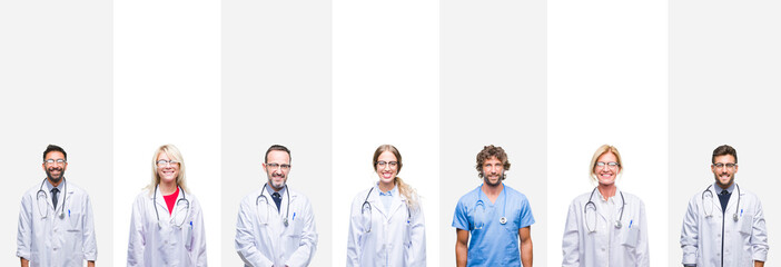 Collage of professional doctors over stripes isolated background with a happy and cool smile on...