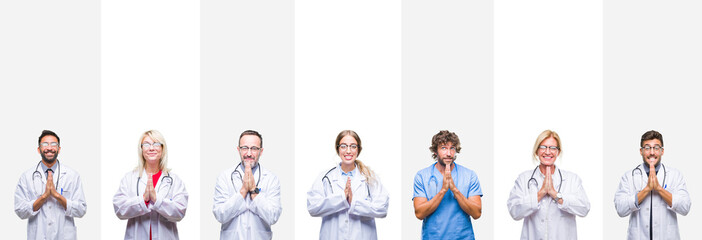 Collage of professional doctors over stripes isolated background praying with hands together asking for forgiveness smiling confident.