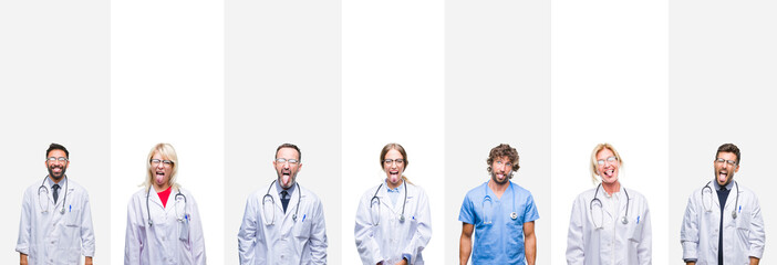 Collage of professional doctors over stripes isolated background sticking tongue out happy with funny expression. Emotion concept.