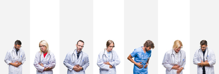 Fototapeta premium Collage of professional doctors over stripes isolated background with hand on stomach because nausea, painful disease feeling unwell. Ache concept.