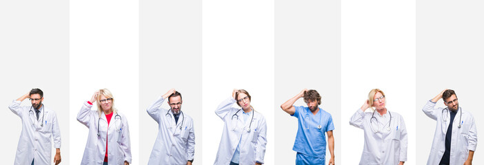 Collage of professional doctors over stripes isolated background confuse and wonder about question. Uncertain with doubt, thinking with hand on head. Pensive concept.