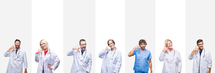 Collage of professional doctors over stripes isolated background smiling doing phone gesture with hand and fingers like talking on the telephone. Communicating concepts.