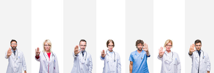 Collage of professional doctors over stripes isolated background doing stop sing with palm of the hand. Warning expression with negative and serious gesture on the face.