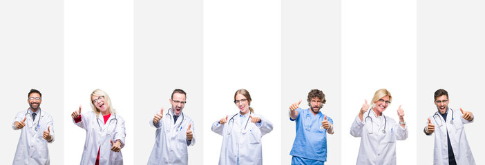 Collage of professional doctors over stripes isolated background approving doing positive gesture with hand, thumbs up smiling and happy for success. Looking at the camera, winner gesture.