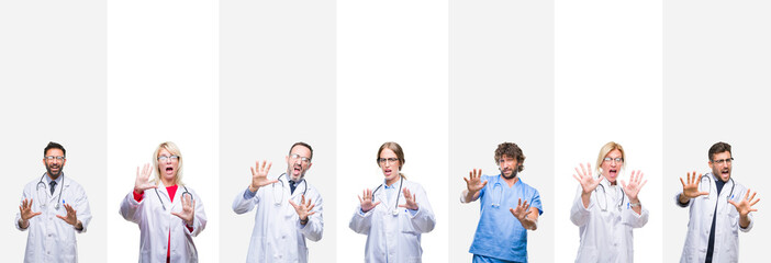 Collage of professional doctors over stripes isolated background afraid and terrified with fear expression stop gesture with hands, shouting in shock. Panic concept.