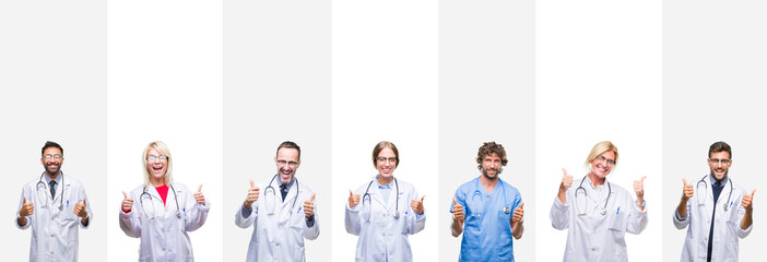 Collage of professional doctors over stripes isolated background success sign doing positive gesture with hand, thumbs up smiling and happy. Looking at the camera with cheerful expression