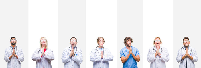 Collage of professional doctors over stripes isolated background begging and praying with hands together with hope expression on face very emotional and worried. Asking for forgiveness