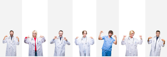Collage of professional doctors over stripes isolated background looking confident with smile on face, pointing oneself with fingers proud and happy.
