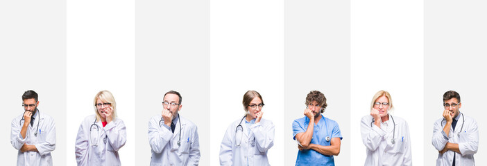 Collage of professional doctors over stripes isolated background looking stressed and nervous with hands on mouth biting nails. Anxiety problem.