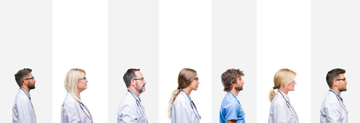 Collage of professional doctors over stripes isolated background looking to side, relax profile...