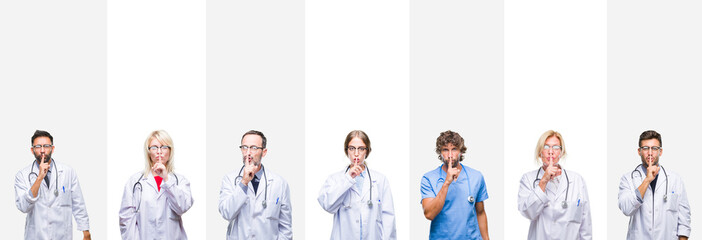 Collage of professional doctors over stripes isolated background asking to be quiet with finger on lips. Silence and secret concept.