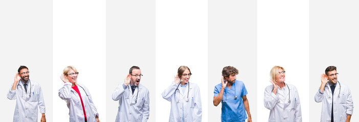 Collage of professional doctors over stripes isolated background smiling with hand over ear listening an hearing to rumor or gossip. Deafness concept.