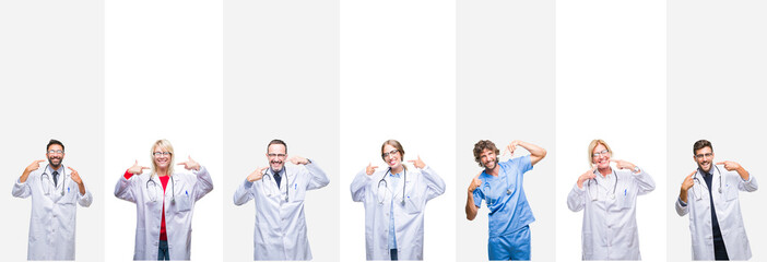Collage of professional doctors over stripes isolated background smiling confident showing and pointing with fingers teeth and mouth. Health concept.