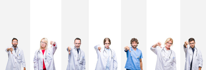 Collage of professional doctors over stripes isolated background looking unhappy and angry showing rejection and negative with thumbs down gesture. Bad expression.