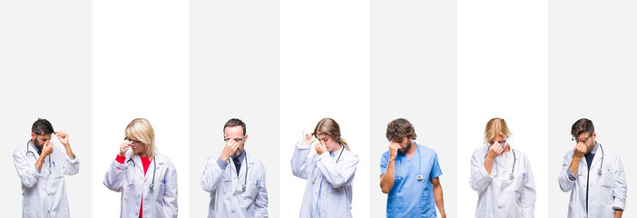 Collage of professional doctors over stripes isolated background tired rubbing nose and eyes feeling fatigue and headache. Stress and frustration concept.