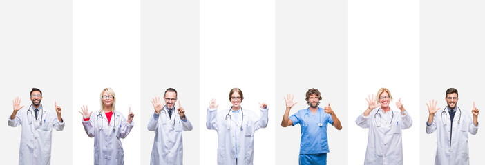 Collage of professional doctors over stripes isolated background showing and pointing up with fingers number six while smiling confident and happy.