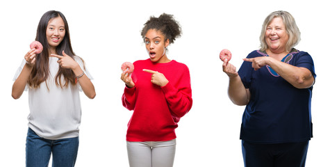 Collage of chinese, african american and caucasian people eating a donut over isolated background very happy pointing with hand and finger