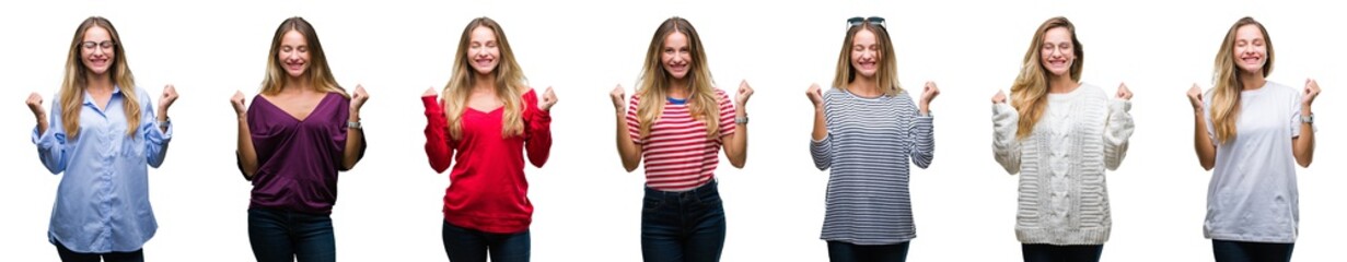 Collage of young beautiful blonde woman over isolated background excited for success with arms raised celebrating victory smiling. Winner concept.