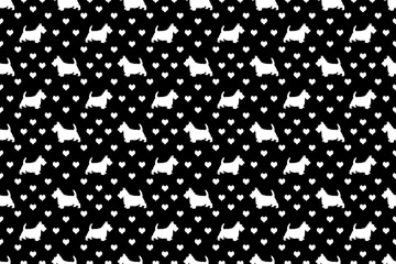 A seamless pattern of Scottish Terriers and hearts. The cute white 'Scottie' dogs are scattered with the symbol of love over a black background. 