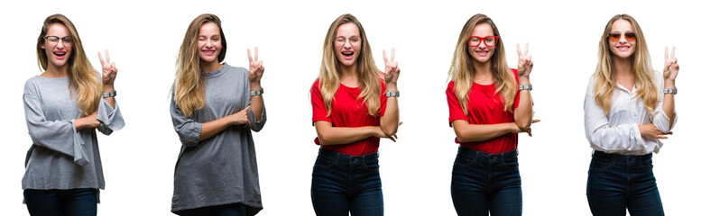 Collage of young beautiful blonde woman over isolated background smiling with happy face winking at the camera doing victory sign. Number two.