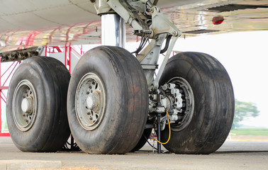 Naklejka na ściany i meble Aircraft wheel at the hangar,Wheels from a big in airplane