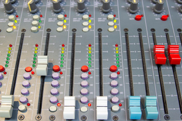 Close up Mixing Console of a big HiFi system, The audio equipment and control panel of digital...