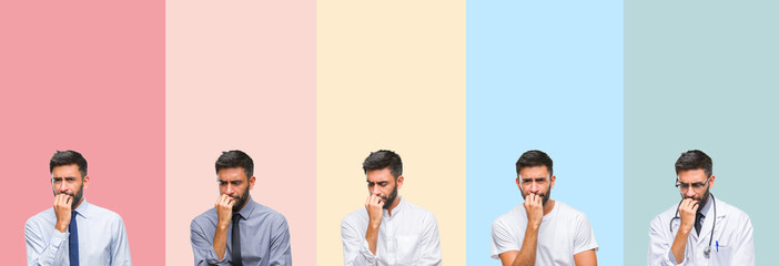 Obraz premium Collage of handsome man over colorful stripes isolated background looking stressed and nervous with hands on mouth biting nails. Anxiety problem.