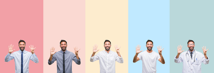 Fototapeta premium Collage of handsome man over colorful stripes isolated background showing and pointing up with fingers number nine while smiling confident and happy.