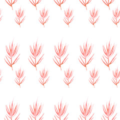 Fototapeta na wymiar Watercolor red, pink floral seamless background, texture of leaves, grasses, plants. wild grass, plants. Natural wood pattern. Beautiful pattern for your design. Manual graphics. 
